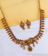 TNL1159 Grand Temple Wear Ruby Green Kemp Stone Necklace Peacock Design Online TNL1159 Grand Temple Wear Ruby Green Kemp Stone Necklace Peacock Design Online