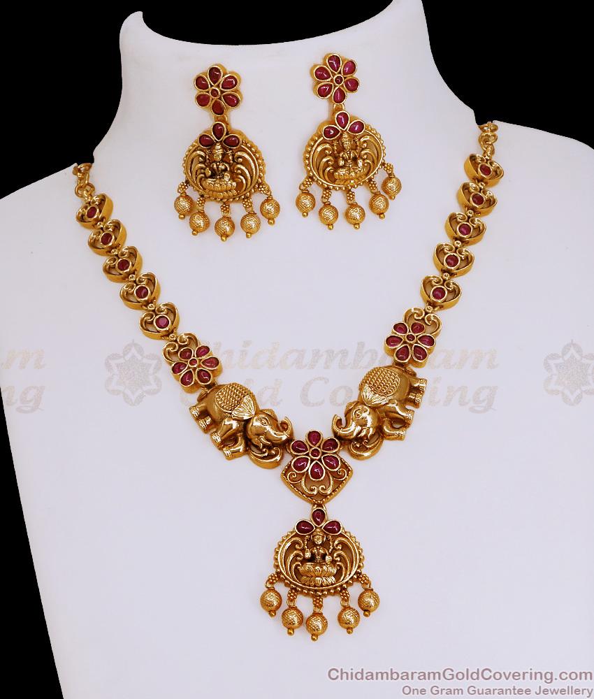 TNL1160 Buy Nagas Temple Wear Elephant Lakshmi Necklace With Ruby Stone Bridal Collection