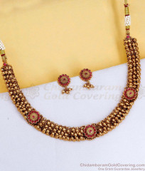 TNL1172 Classic Temple Wear Antique Gold Beaded Necklace With Earring