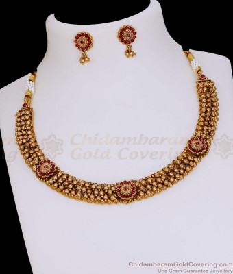 TNL1172 Classic Temple Wear Antique Gold Beaded Necklace With Earring