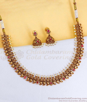 TNL1173 Premium Quality Mango Design Kemp Stone Antique Necklace For Wedding