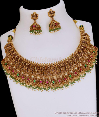 TNL1174 Grand Lakshmi Design Antique Gold Nagas Bridal Necklace With Earring