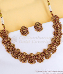 TNL1177 Grand Bridal Wear Nagas Antique Gold Lakshmi Necklace With Kemp Stone