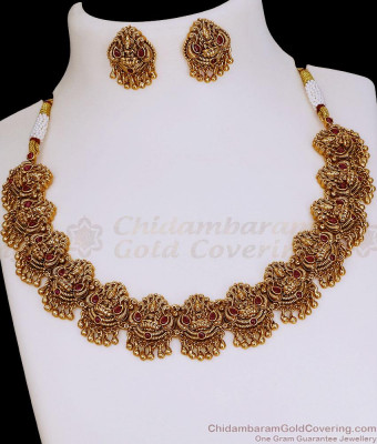 TNL1177 Grand Bridal Wear Nagas Antique Gold Lakshmi Necklace With Kemp Stone