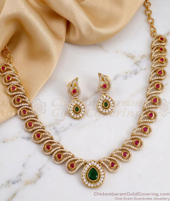 TNL1178 Ruby Green Paisley Mango Antique Gold Necklace Set for Women