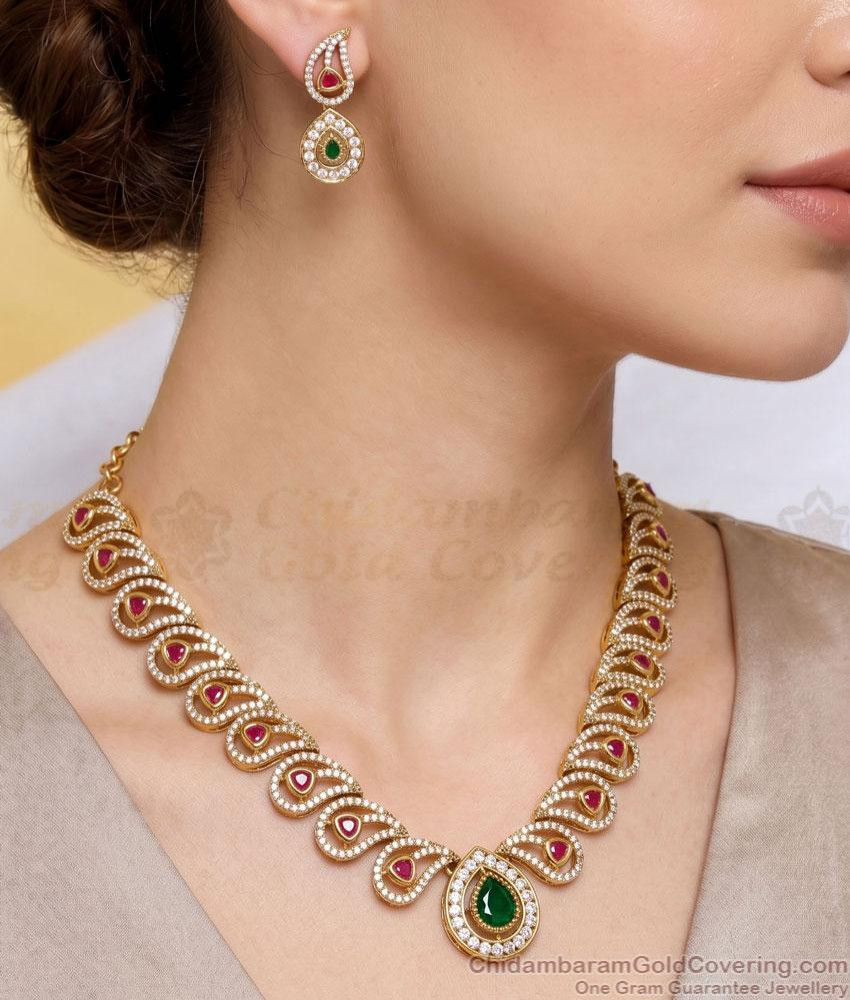 TNL1178 Ruby Green Paisley Mango Antique Gold Necklace Set for Women TNL1178 Ruby Green Paisley Mango Antique Gold Necklace Set for Women