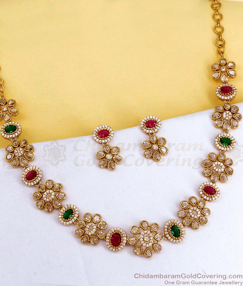 TNL1179 Antique Floral Ruby Green Stone Necklace Set for Women TNL1179 Antique Floral Ruby Green Stone Necklace Set for Women