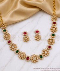 TNL1179 Antique Floral Ruby Green Stone Necklace Set for Women