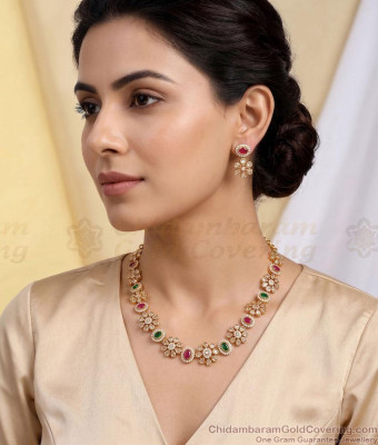 TNL1179 Antique Floral Ruby Green Stone Necklace Set for Women