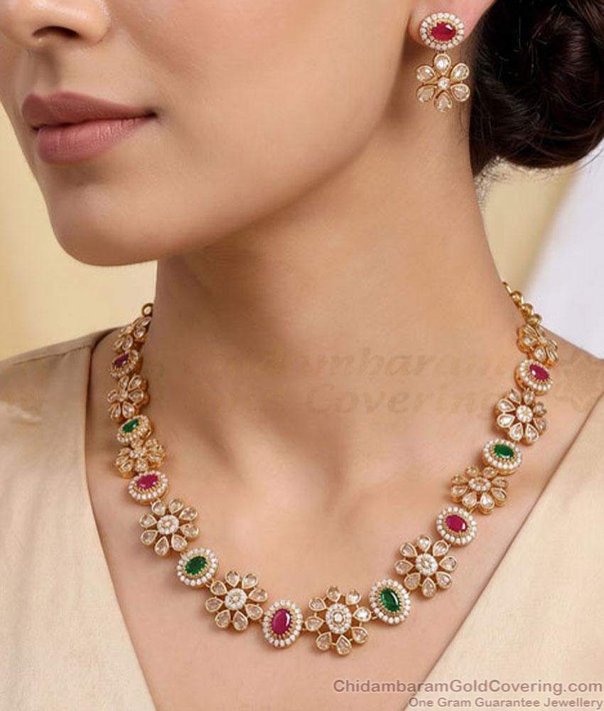 TNL1179 Antique Floral Ruby Green Stone Necklace Set for Women TNL1179 Antique Floral Ruby Green Stone Necklace Set for Women