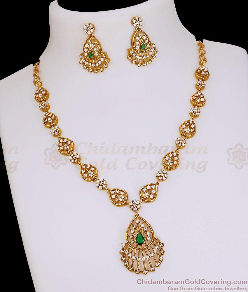 TNL1180 Antique Gold AD Stone Necklace Set with Green Stone Earrings TNL1180 Antique Gold AD Stone Necklace Set with Green Stone Earrings