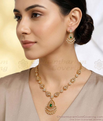 TNL1180 Antique Gold AD Stone Necklace Set with Green Stone Earrings