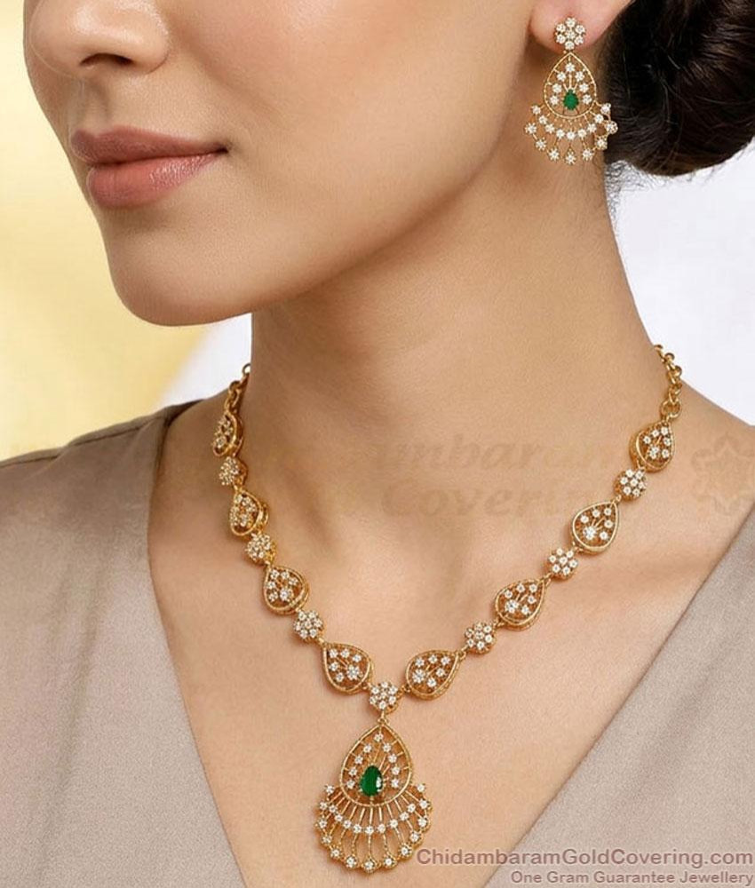 TNL1180 Antique Gold AD Stone Necklace Set with Green Stone Earrings TNL1180 Antique Gold AD Stone Necklace Set with Green Stone Earrings