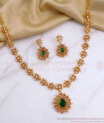 TNL1182 Premium Antique Gold AD Stone Necklace Set with Green Pendant