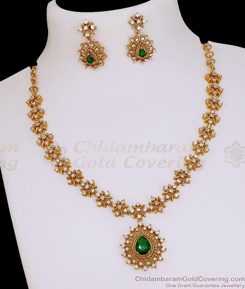TNL1182 Premium Antique Gold AD Stone Necklace Set with Green Pendant TNL1182 Premium Antique Gold AD Stone Necklace Set with Green Pendant