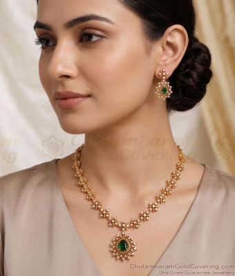 TNL1182 Premium Antique Gold AD Stone Necklace Set with Green Pendant