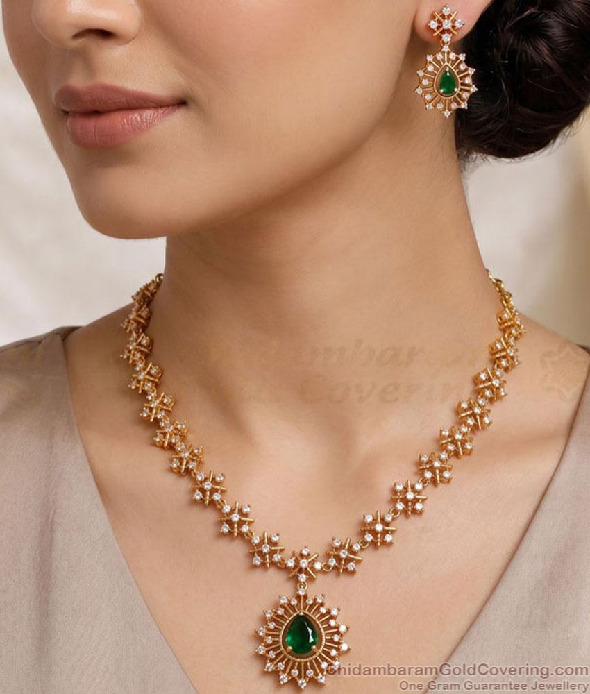 TNL1182 Premium Antique Gold AD Stone Necklace Set with Green Pendant TNL1182 Premium Antique Gold AD Stone Necklace Set with Green Pendant