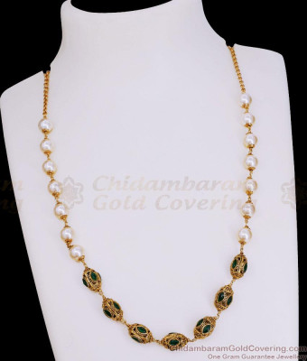 TNL1183 Classic Pearl Beaded Antique Gold Emerald Necklace