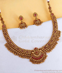 TNL1185 Grand Temple Wear Antique Gold Necklace Jhumki Combo Set TNL1185 Grand Temple Wear Antique Gold Necklace Jhumki Combo Set