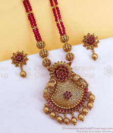TNL1187 Matte Finish Temple Jewellery Necklace Set Ruby Beaded Chain TNL1187 Matte Finish Temple Jewellery Necklace Set Ruby Beaded Chain