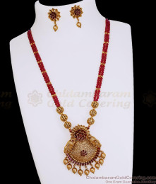 TNL1187 Matte Finish Temple Jewellery Necklace Set Ruby Beaded Chain TNL1187 Matte Finish Temple Jewellery Necklace Set Ruby Beaded Chain
