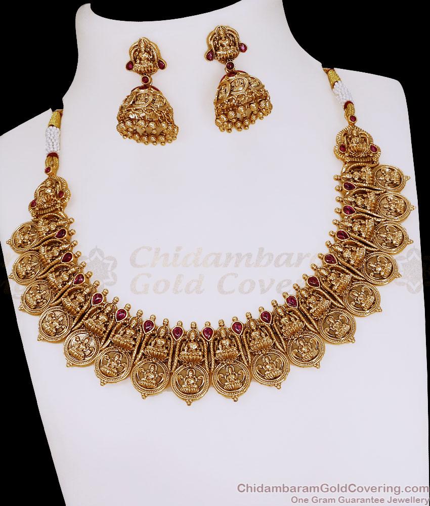 TNL1190 Buy Antique Gold Plated Lakshmi Kasu Mala Necklace Set With Jhumkas TNL1190 Buy Antique Gold Plated Lakshmi Kasu Mala Necklace Set With Jhumkas