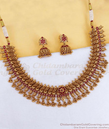 TNL1192 Royal Antique Gold Ruby Studded Grand Collar Necklace Set With Jhumkas TNL1192 Royal Antique Gold Ruby Studded Grand Collar Necklace Set With Jhumkas