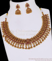 TNL1192 Royal Antique Gold Ruby Studded Grand Collar Necklace Set With Jhumkas TNL1192 Royal Antique Gold Ruby Studded Grand Collar Necklace Set With Jhumkas