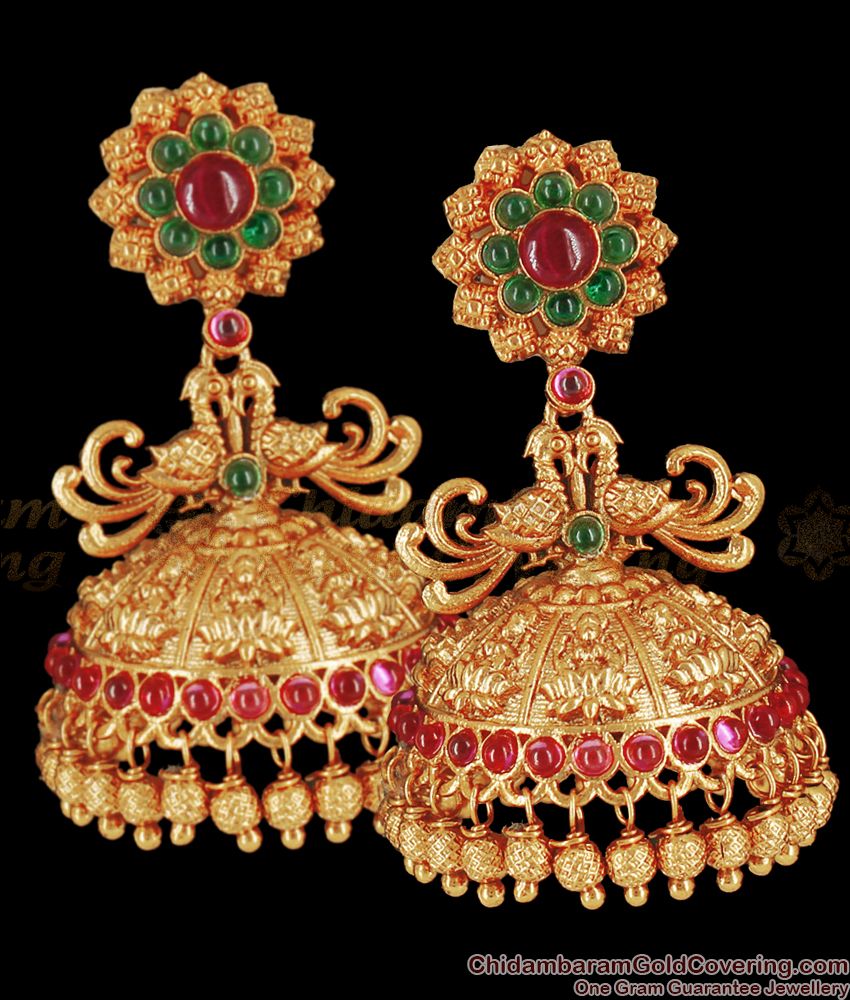 Kushal's Fashion Jewellery - Jhumka Earring with Peacock stud with Antique  Gold Polish and Ruby Green coloured stones and Pearl drops. #antique #pearl  #jewellery Design No: 81036rg Buy Online at:  https://www.kushals.com/collections/antique-earrings |