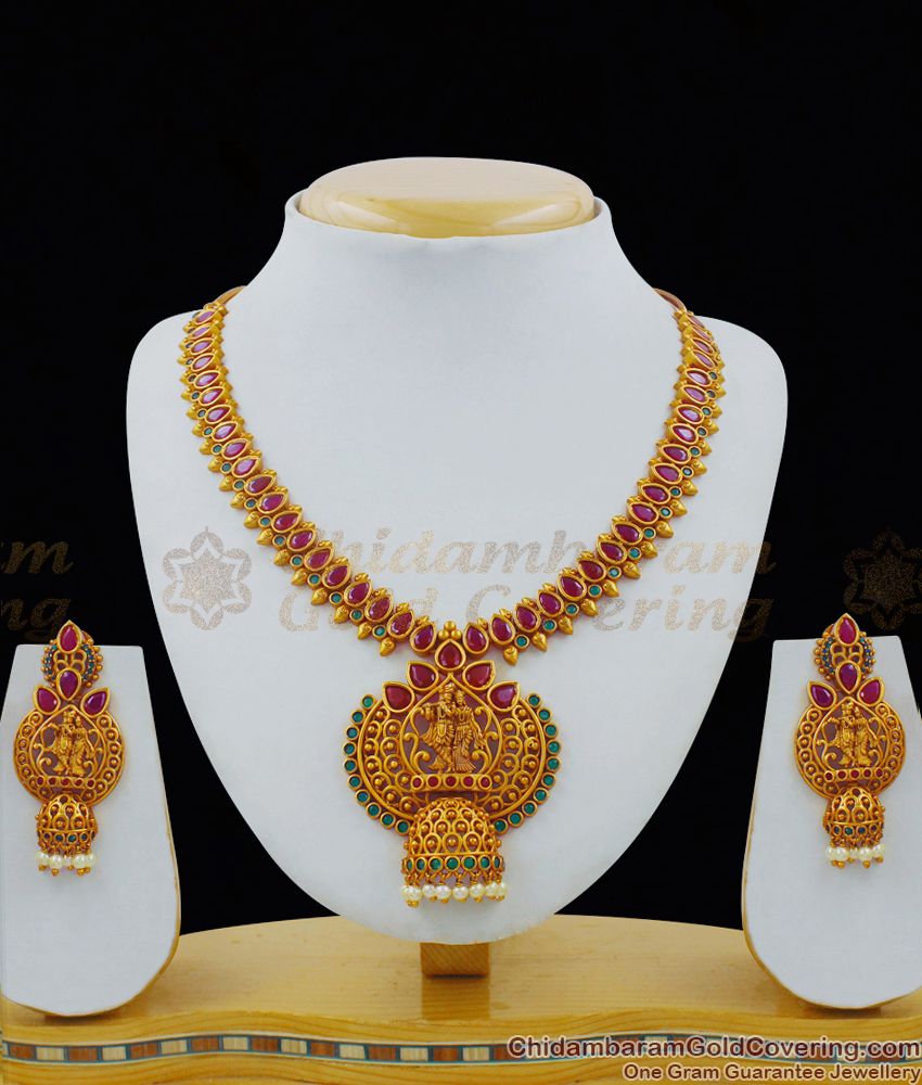 TNL1010 - Brilliant Artwork Premium Gold Antique Hand Crafted Radha Krishna Temple Necklace Set