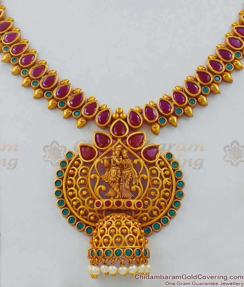 TNL1010 - Brilliant Artwork Premium Gold Antique Hand Crafted Radha Krishna Temple Necklace Set