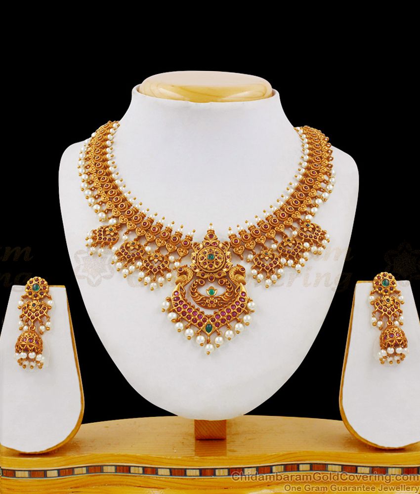 TNL1014 - Premium Antique Matt Finish Peacock Choker Pearl Set Bridal Jewellery