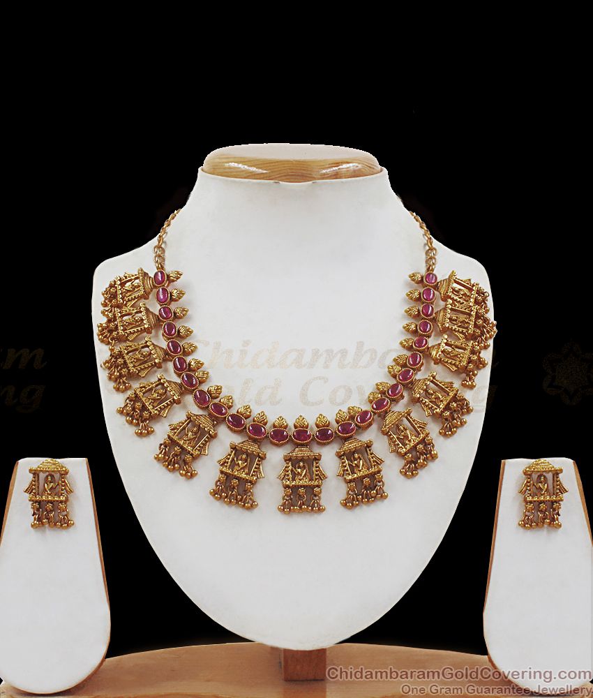 TNL1042 - Premium Gold Antique Temple Jewelry Radha Temple Necklace Set