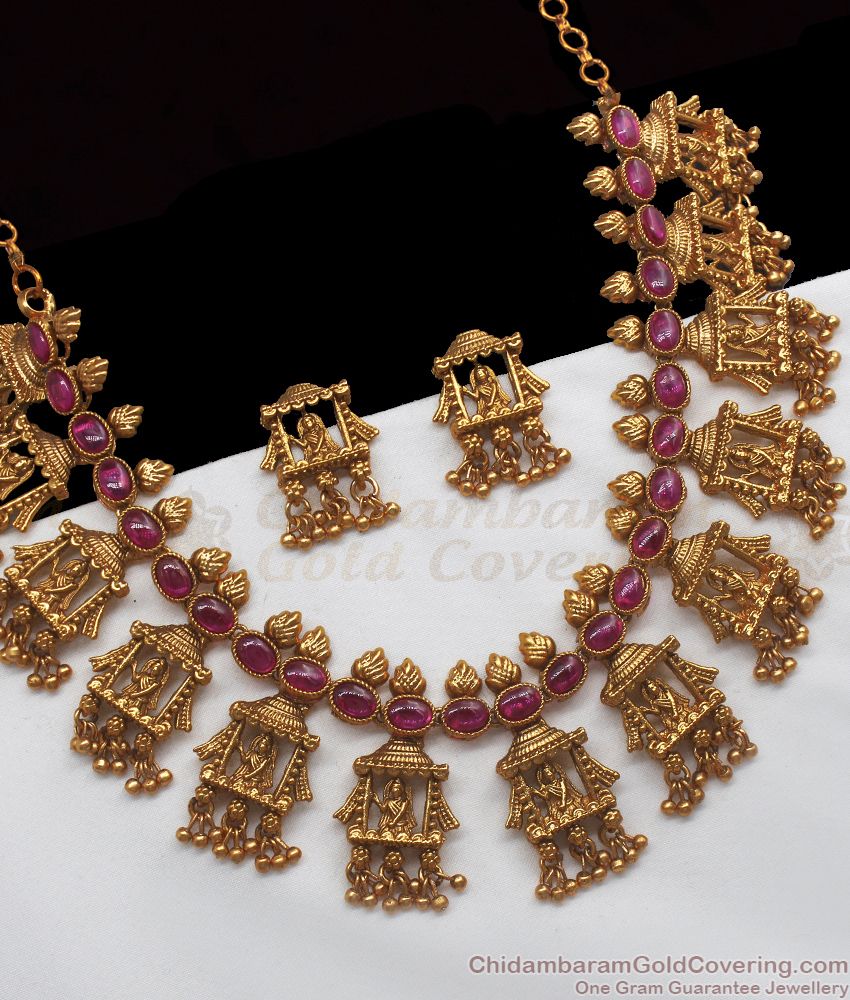 TNL1042 - Premium Gold Antique Temple Jewelry Radha Temple Necklace Set