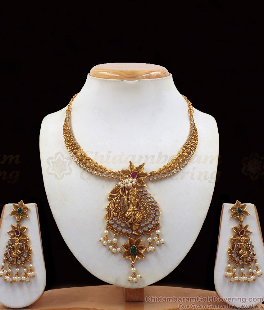 TNL1043 - Krishna with Flute Premium Gold Antique Temple Jewelry Pearl Necklace 