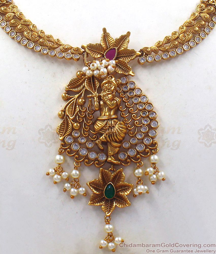 TNL1043 - Krishna with Flute Premium Gold Antique Temple Jewelry Pearl Necklace 