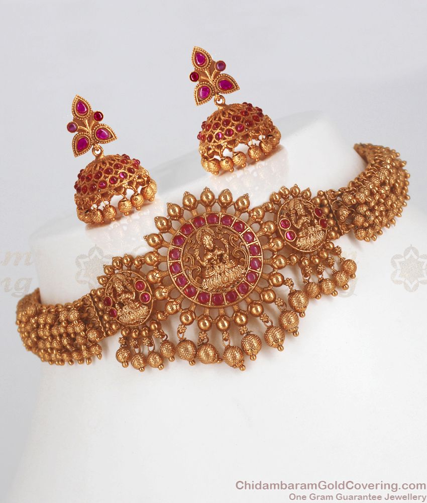 TNL1050 - Goddess Lakshmi Antique Choker Necklace Earring Combo
