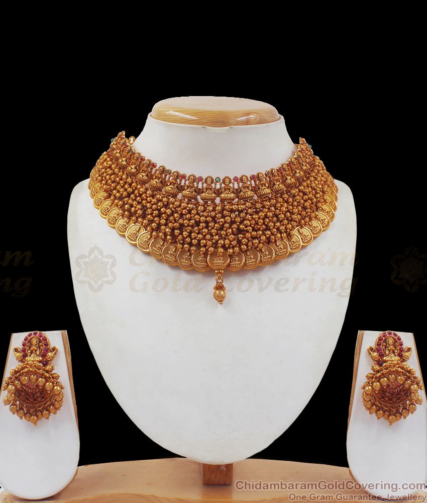TNL1051 - Grand Lakshmi Coin Antique Choker Necklace Earring Combo