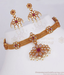 TNL1052 - Glossy Kemp Stone Antique Choker Necklace Earrings Combo TNL1052 - Glossy Kemp Stone Antique Choker Necklace Earrings Combo