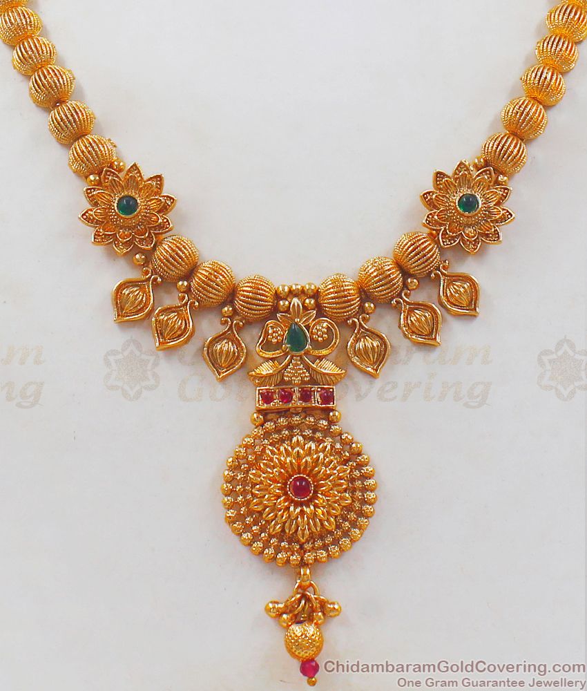 TNL1053 - Premium Antique Necklace Flower Design Earring Combo Low Price
