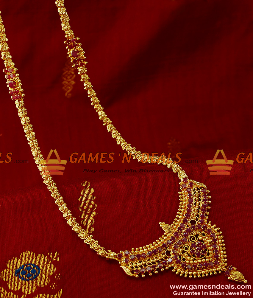 ARRG143 - Grand Imitation Jewelry Ruby Stone AD Stone Mogappu Dollar Chain Online