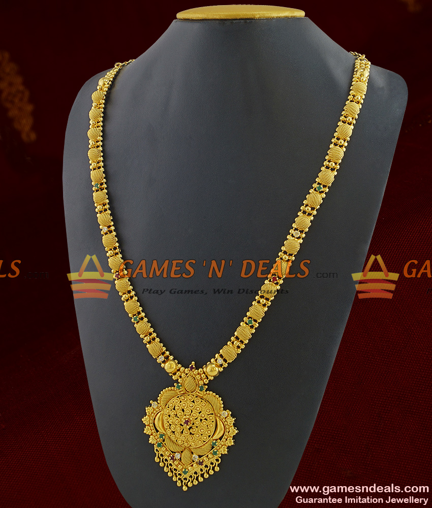 ARRG229 - Kerala Beads Design Marriage Wear Gold Like Long Stone Haaram
