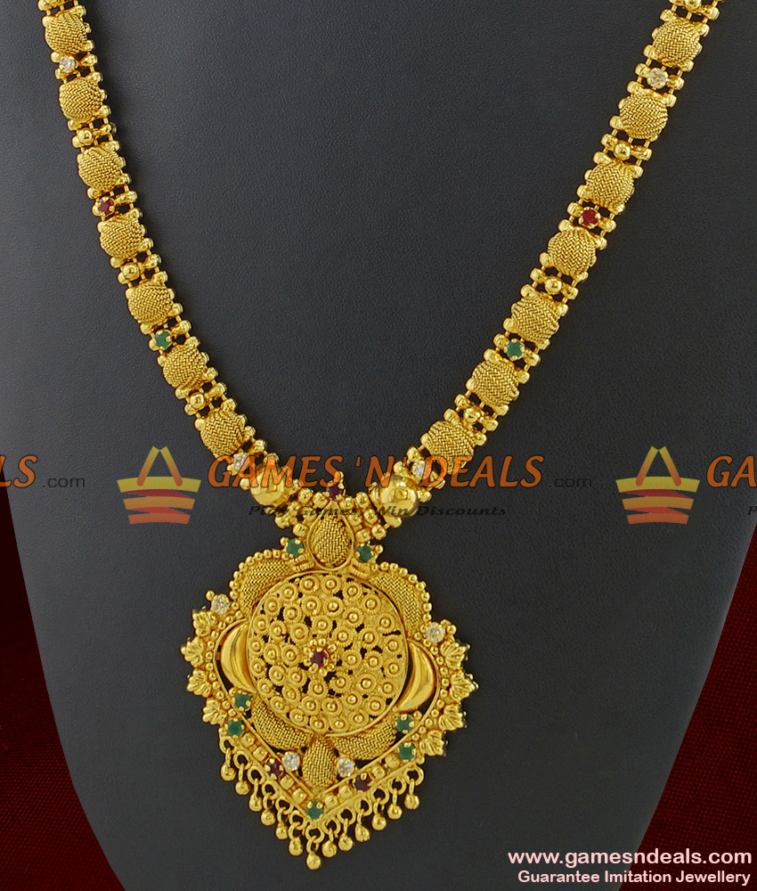 ARRG229 - Kerala Beads Design Marriage Wear Gold Like Long Stone Haaram