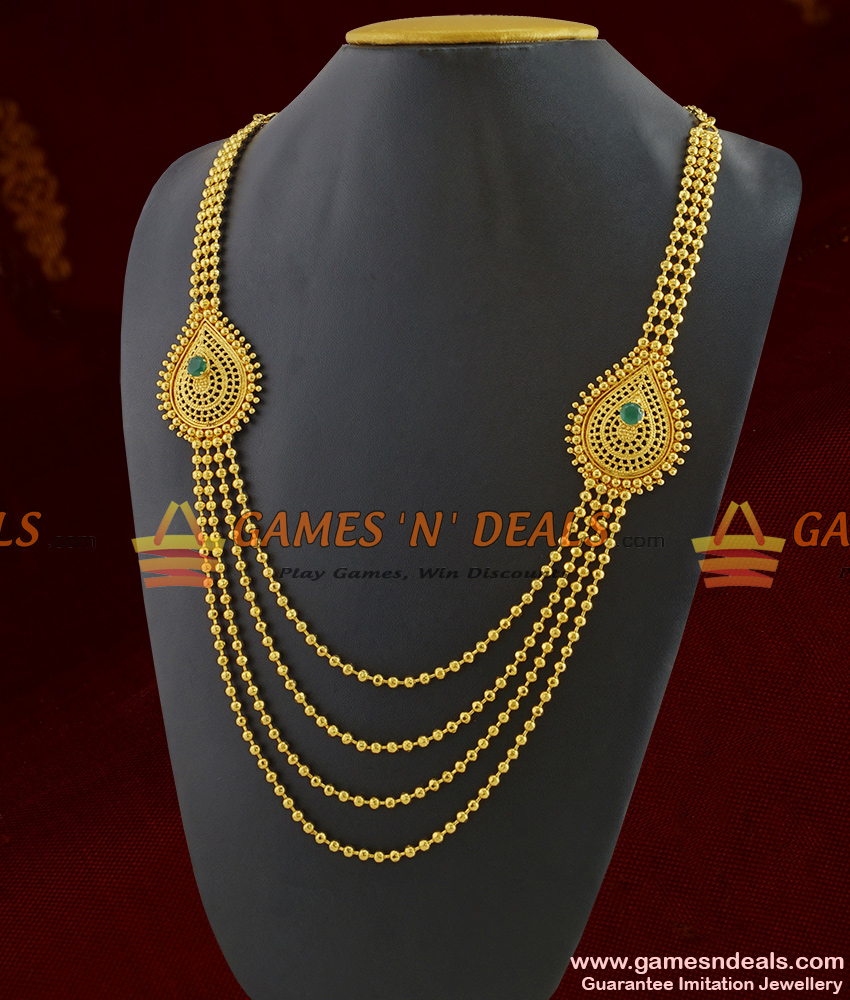 ARRG239 - Gold Plated Four Line Long Haaram Flower Design With Emerald Stone ARRG239 - Gold Plated Four Line Long Haaram Flower Design With Emerald Stone