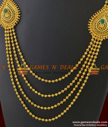 ARRG239 - Gold Plated Four Line Long Haaram Flower Design With Emerald Stone