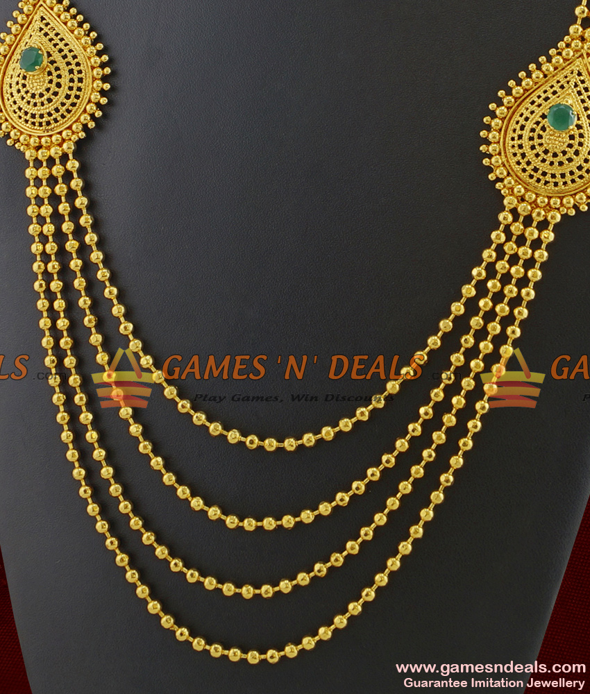 ARRG239 - Gold Plated Four Line Long Haaram Flower Design With Emerald Stone