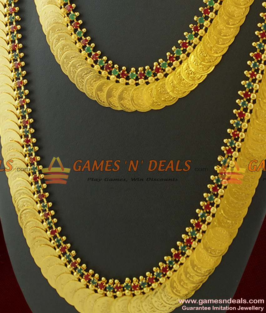 ARRG247 - Full AD Stone Lakshmi Coin Long Haaram and Necklace Combo Set ARRG247 - Full AD Stone Lakshmi Coin Long Haaram and Necklace Combo Set