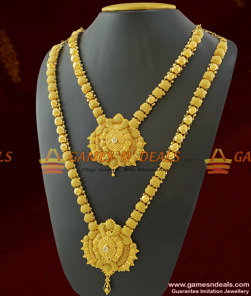 ARRG252 - Sparkling White Stone Haaram Necklace Combo Guarantee Imitation Jewelry