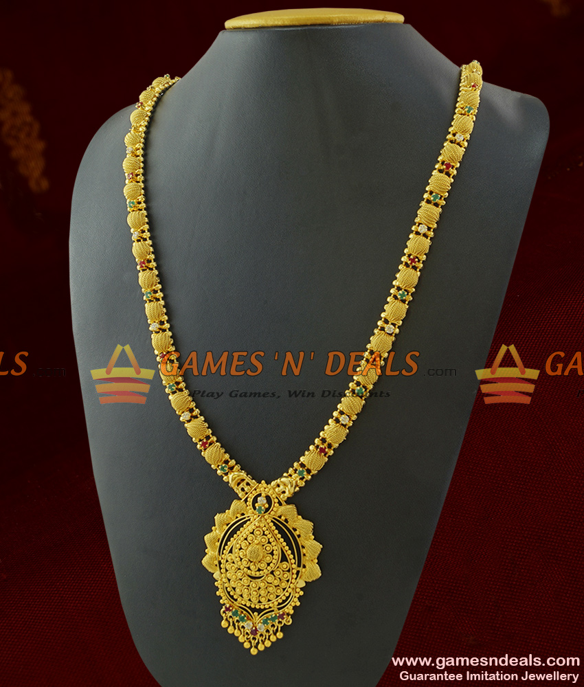 ARRG263 - Kerala Beads Design Farewell Wear Gold Like Long Stone Haaram