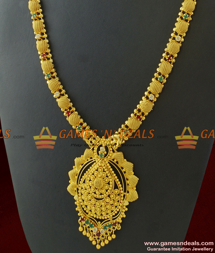 ARRG263 - Kerala Beads Design Farewell Wear Gold Like Long Stone Haaram